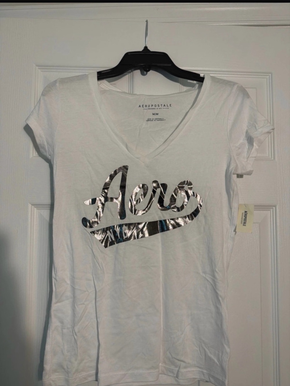 Aeropostale White V-Neck Tee with Metallic Silver Logo